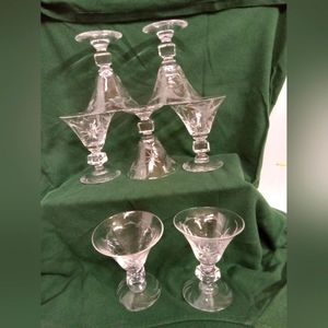 6 Vintage Duncan & Miller Crystal W/Frosty Etchings Liquor/Cocktail Stem Glasses